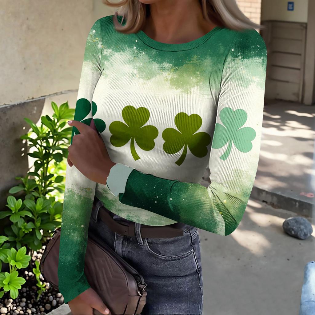 Women's And Winter Slim T-shirt Fashion Casual Printing Round Neck Pullover Long Sleeve Top