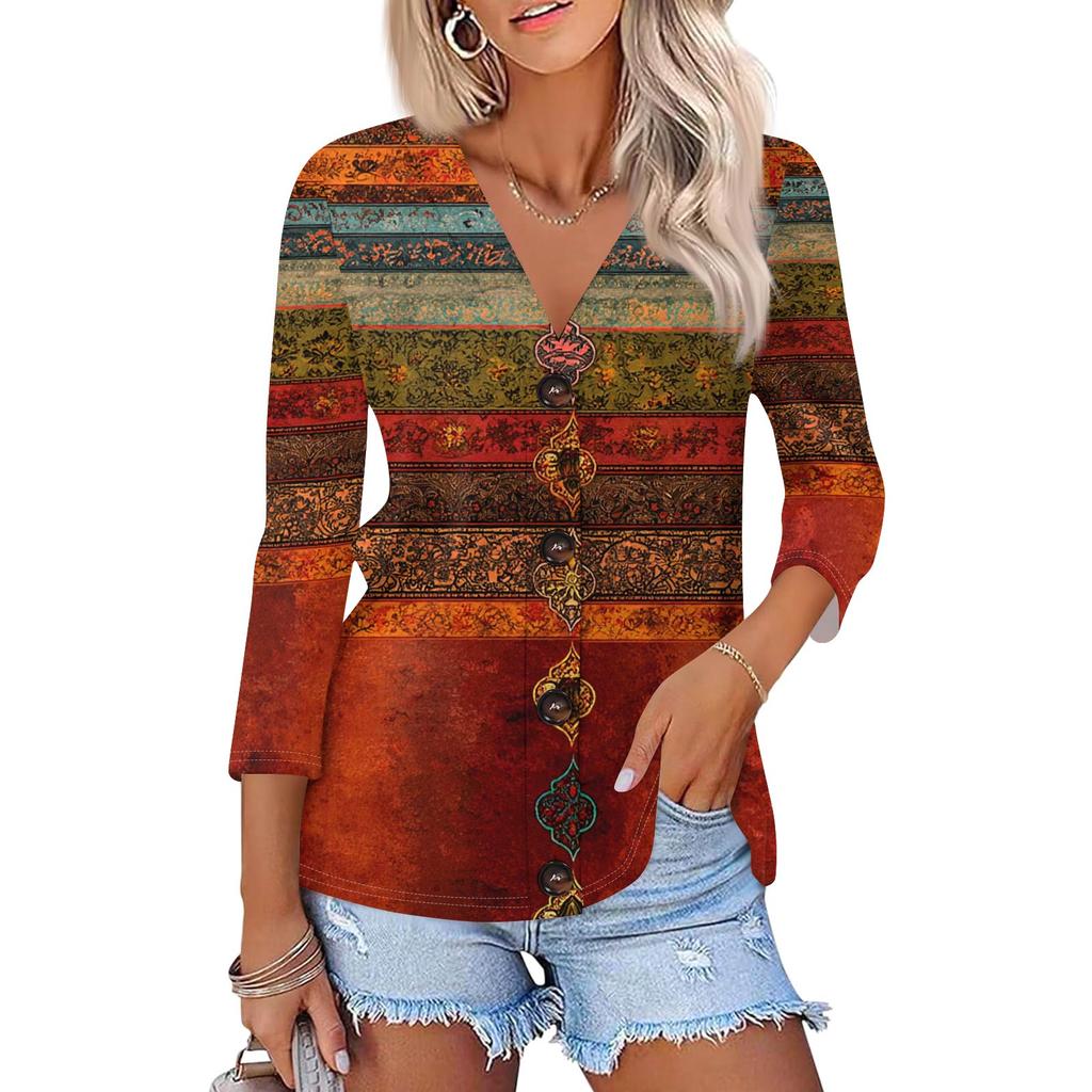 Women's Fashion Casual Printing Button-down Shirt 3/4 Long Sleeve Tops