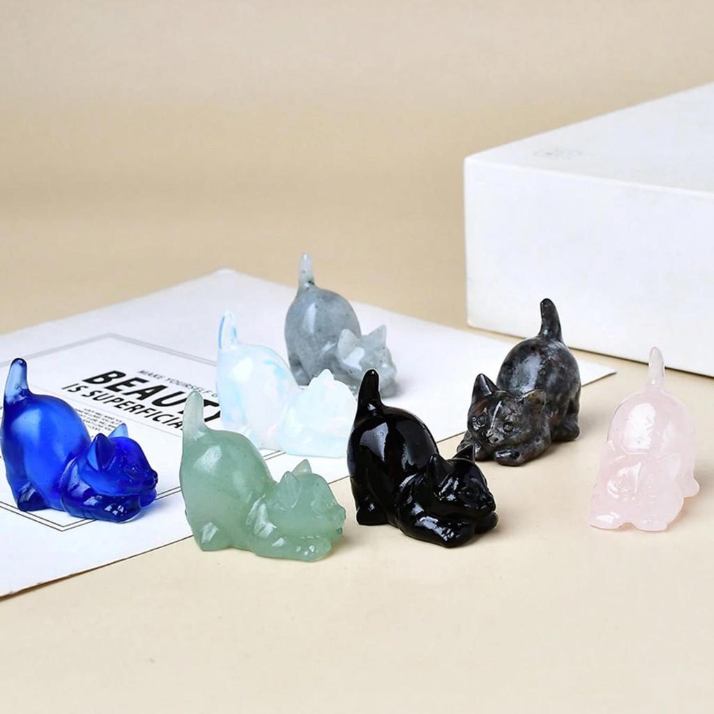 Cute Lazy Cat Statue Natural Stone Crystal Carved Healing Animal Figurine Reiki Gemstone Crafts Home Decoration Lovely Gift