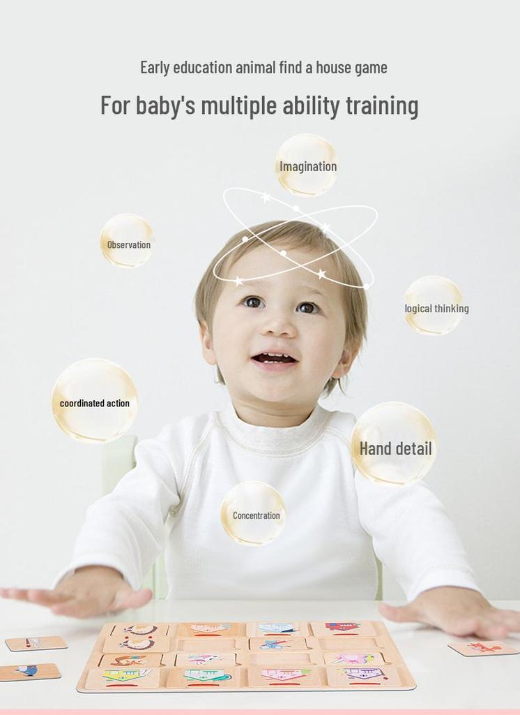 Small Animal Homes Puzzle: Early Education Matching Board Toy for Baby Concentration Training.