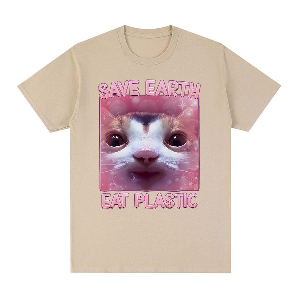 

Спаси Землю Ешь Пластик Смешной Мем с Котом Футболка Мужская Женская Одежда Мода Харадзюку Футболки Хлопок Повседневные Футболки с Коротким Рукавом XXXL хаки