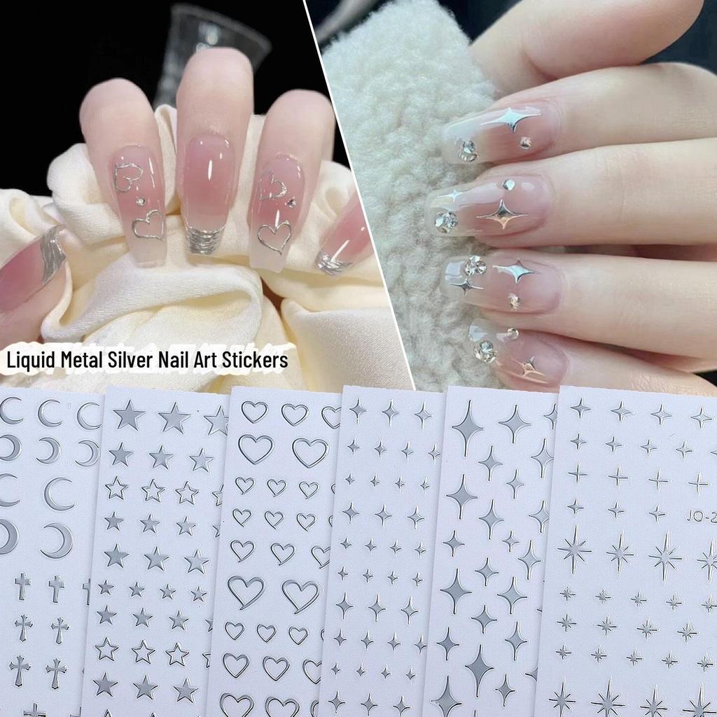 Silver Star & Moon Nail Art Stickers - Liquid Metal Love, Five-Pointed Stars, and Tiny Stars Decals.