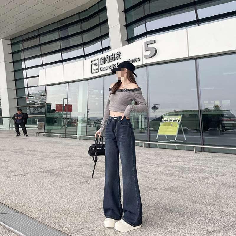 

Petite Plus Size Wide-Leg Jeans for Women - Autumn/Winter Slimming Straight Leg Pants M синьо сірого кольору