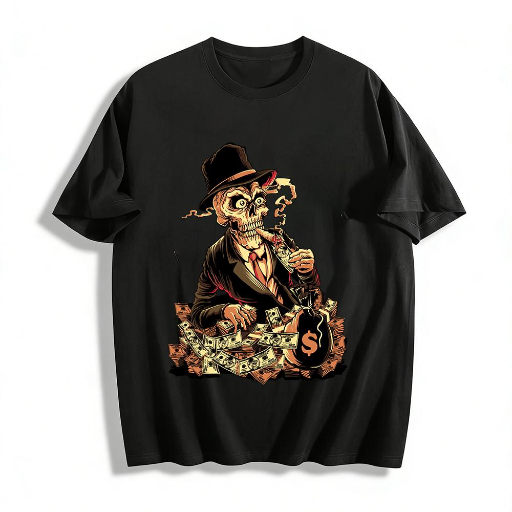 Gangster Skull Money Pile Retro Streetwear Graphic Tee Pure cotton T-shirt XXS