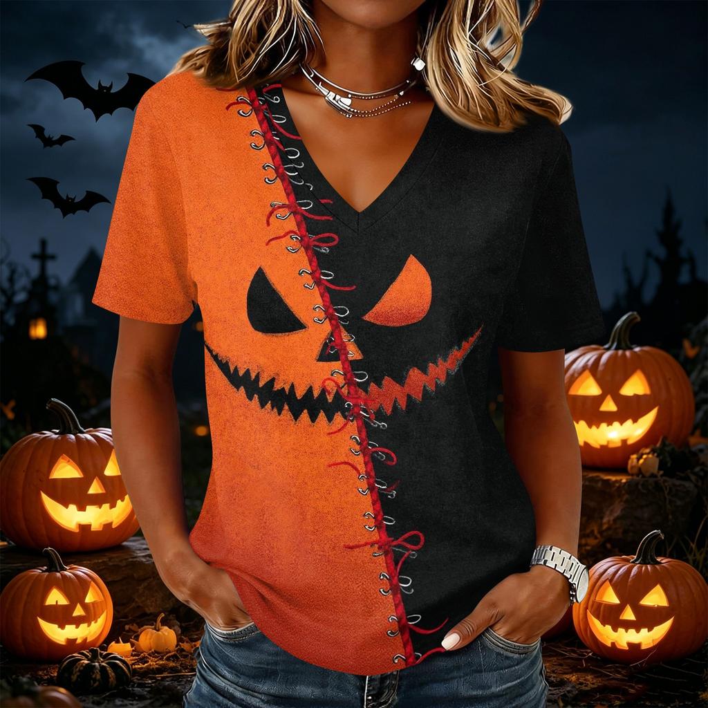 Womens Casual V Neck Pullover Top Halloween Print Short Sleeve Lightweight Blouse for Daily Wear