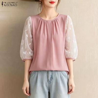Women Casual Round Neck Sheer Mesh Splice 3/4 Sleeve Elegant Blouse