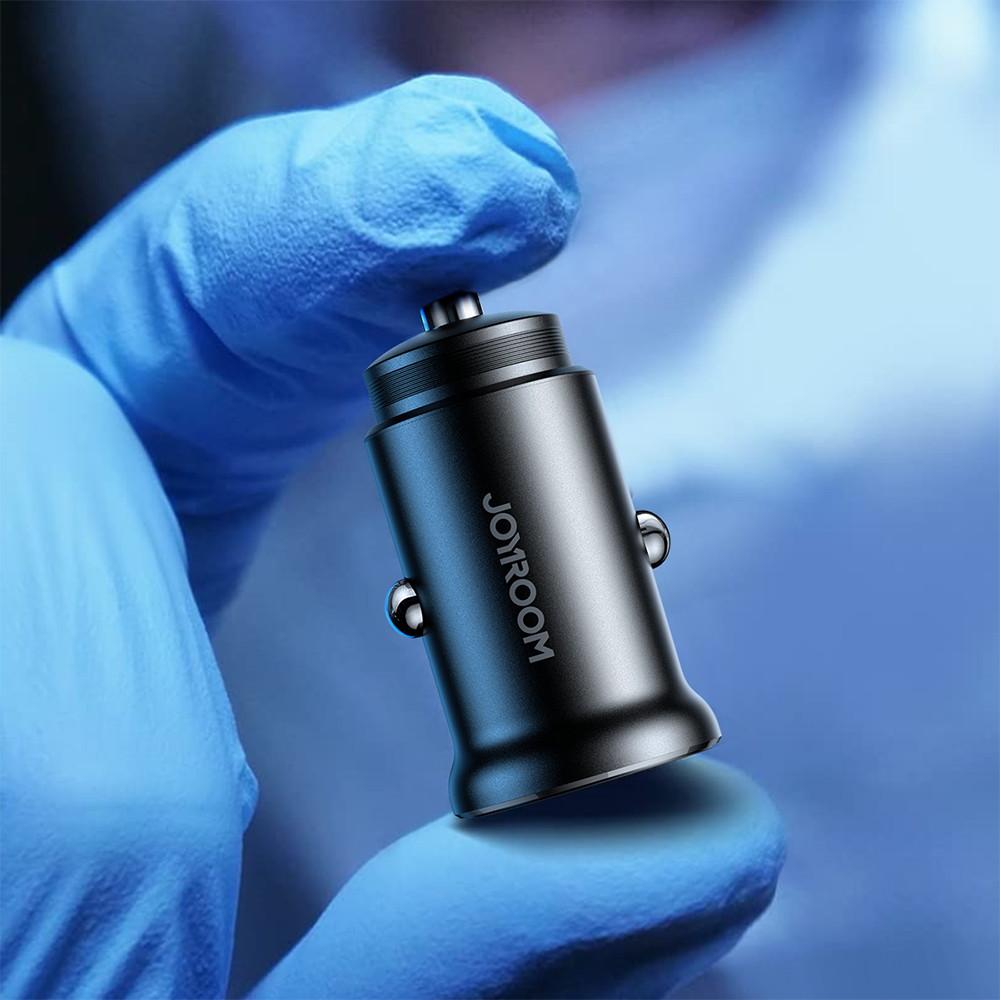 Joyroom JR-CCN06 30W Dual USB-C Car Charger – Elegant Black Metal, Space-Saving Design