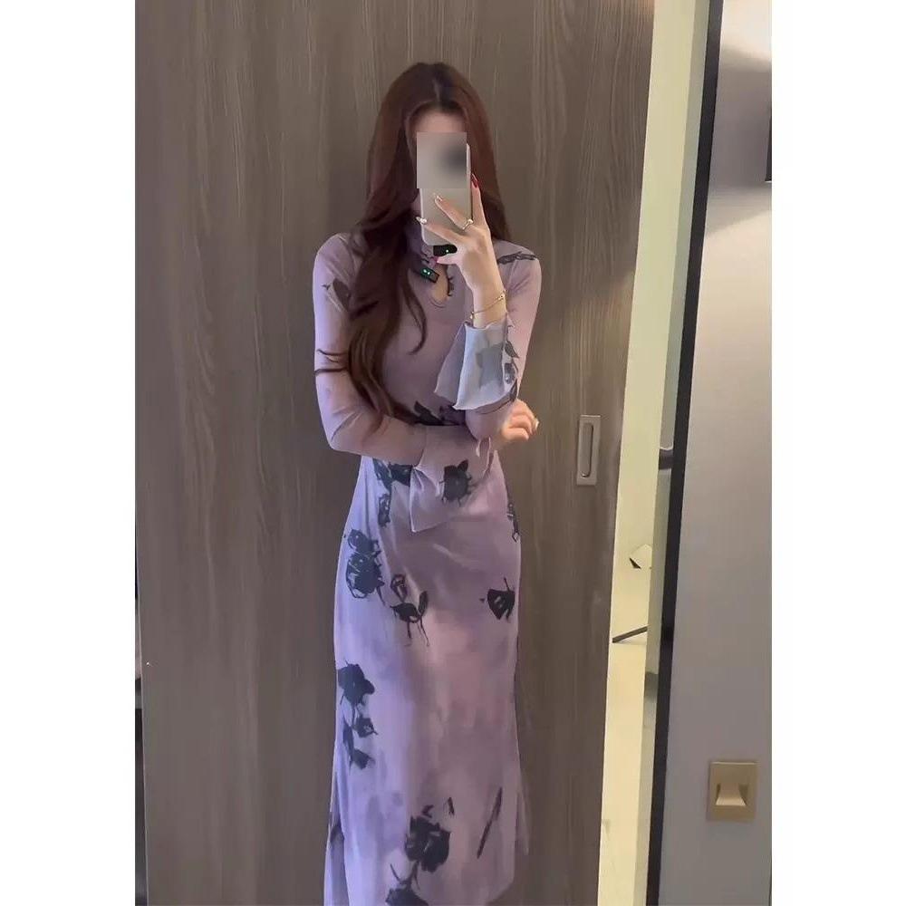 

Платье с фиолетовым принтом, нишевое женственное платье с длинными рукавами и акцентом на талии XL