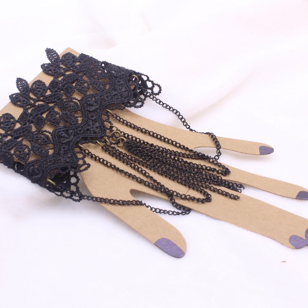 Korean Gothic Black Lace Tassel Chain Bracelet - Retro American & European Style