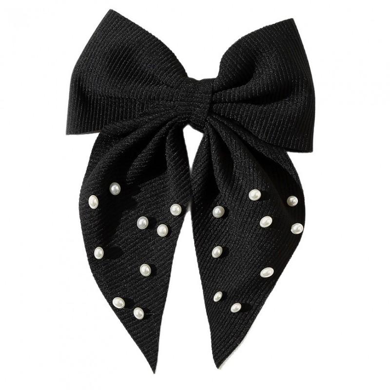 Handmade Fabric Hair Clip With Pearl Bow Ribbon Women Retro Style Back Of Head Accessory