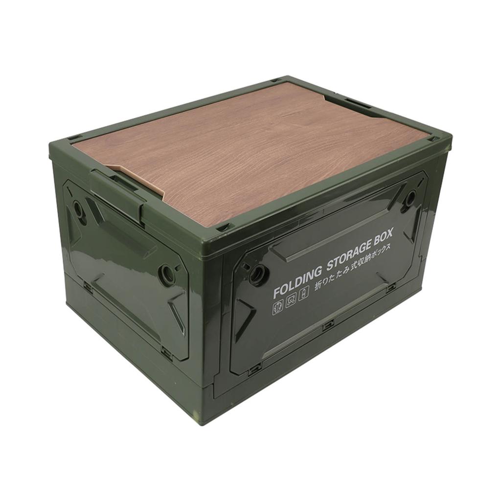 Folding Camping Storage Box with Wooden Lid Collapsible Storage Bin Container with Wheels for Car Camping Picnic