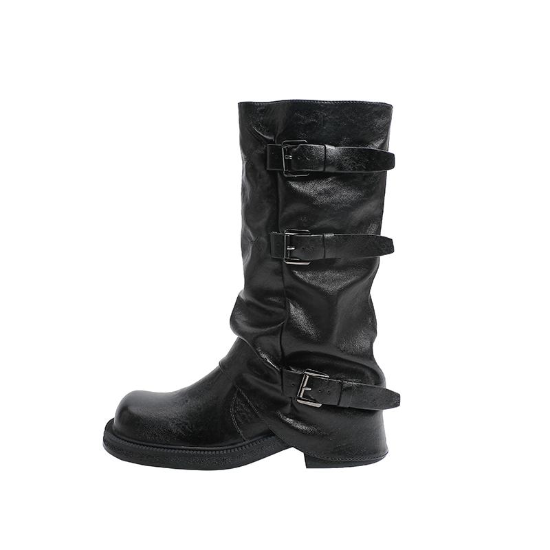 Vintage Thick Heel Mid-height Boots Western Cowboy Pile Boots Knight Boots Early Autumn Martin Boots French Pant Tube Women's Boots