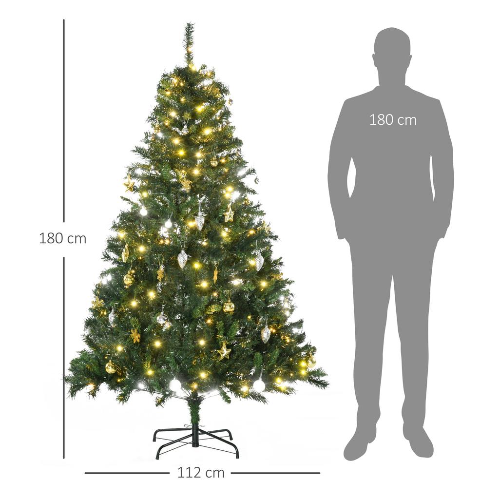 Artificial Christmas Tree, 180cm Tree with Pre-installed Lights and Decorations Included, Ø112x180cm, Green