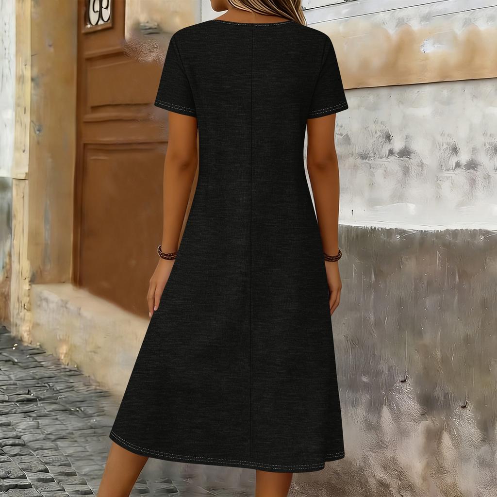 Women Casual Loose Fit Crew Neck Short Sleeve Midi Dress with Pockets Soft Fabric Comfortable Everyday Wear Suitable for Various Occasions