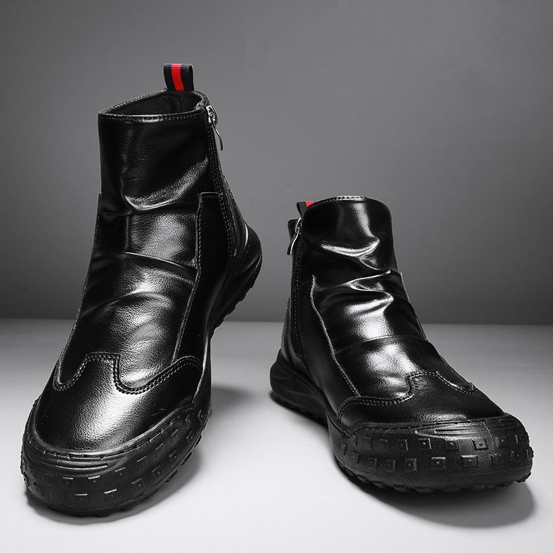 Fashion Leather Men's Boots Anti Slip High Shoes Autumn Flat Zipper Pleated Non Slip Comfort Thick Soled Wear-resistant Fashion Boots