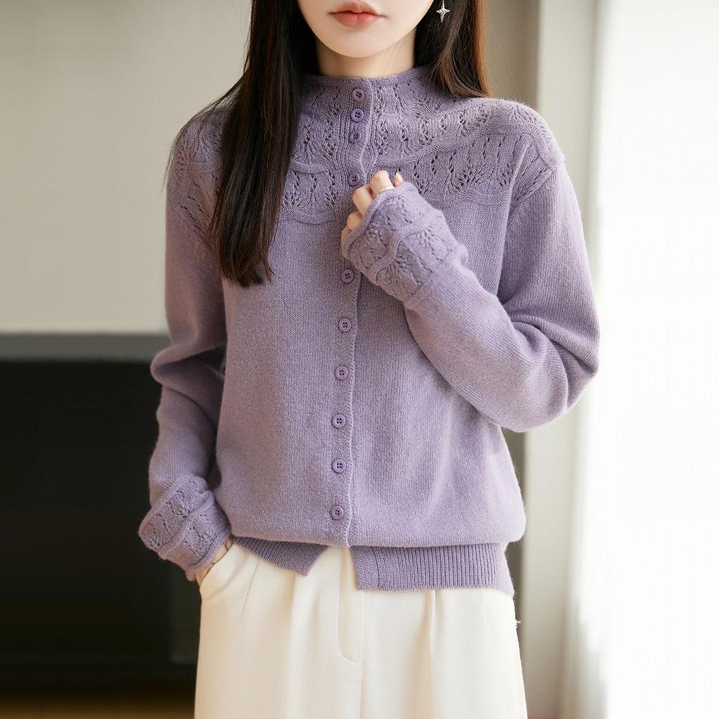 Pink Hollow Out Half-High Neck Cardigan Sweater - Women's Loose Fit Autumn/Winter Fashionable Outerwear