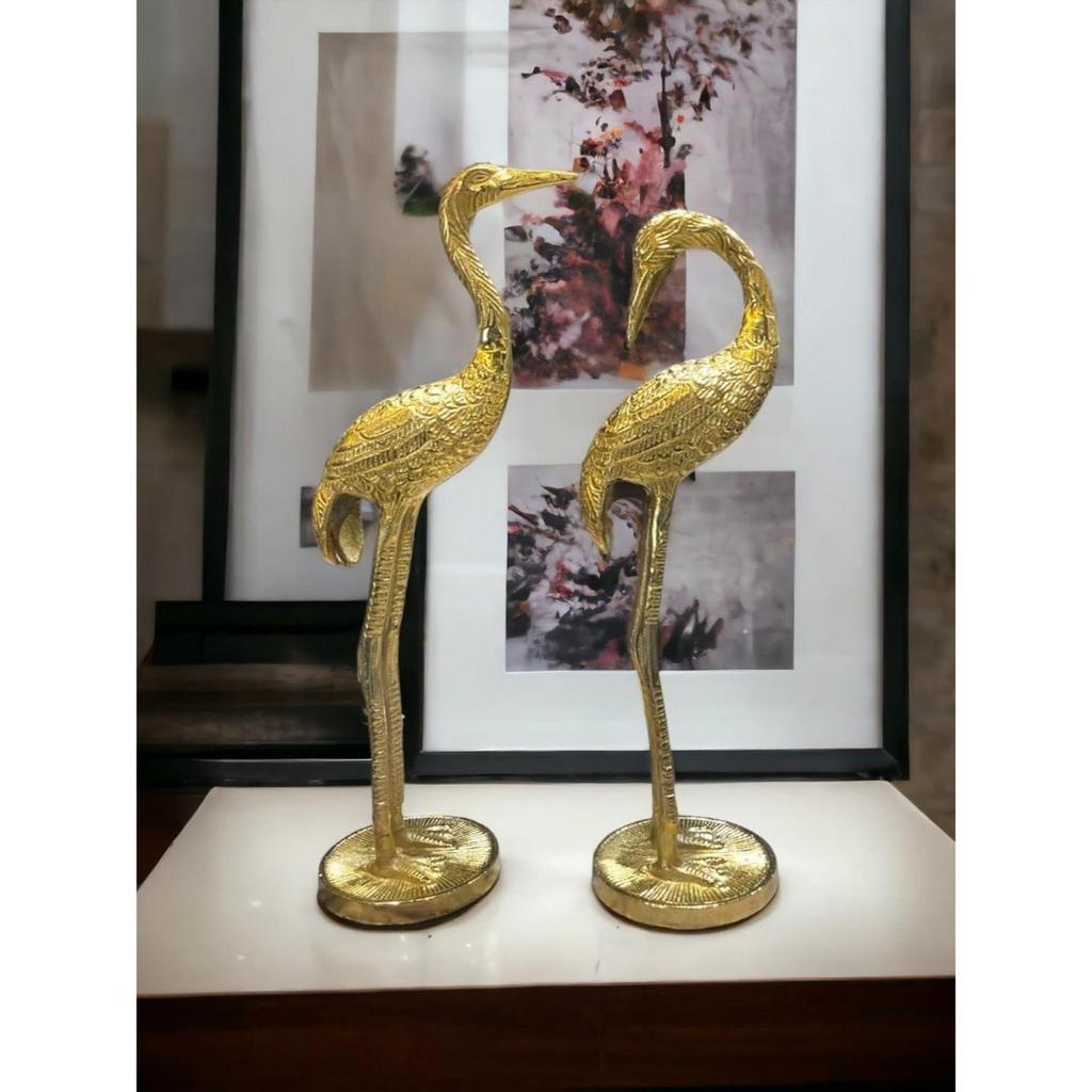 Brass Finish Crane Love Birds Pair| Saras Swan Showpiece Set for Home Decor| Metal Statue Figurines| Decorative Tabletop Decoration Item