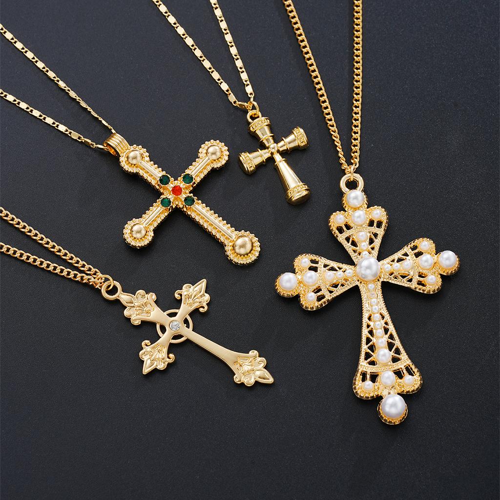 4 Stück Modisches Punk-Kreuz-Anhänger-Halsketten-Set Für Damen Vintage Künstliche Kristalle Übertriebene Mehrschichtige Halsketten Neuer Schmuck