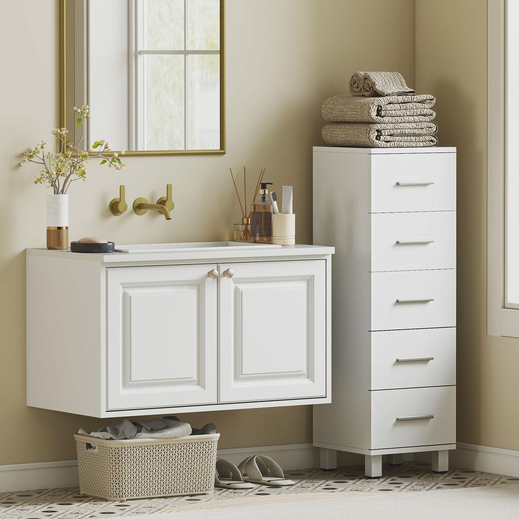 Badkamerkast Smalle Badkamerkast met 5 Lades voor Badkamer, 30 x 30 x 95 cm, Wit