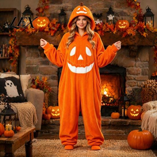 Unisex Fleece Pajamas Halloween Pumpkin Onesie for Adults, Plush Orange Sleepwear Hooded Costume, Oversized Loose Loungewear Family Matching Costumes