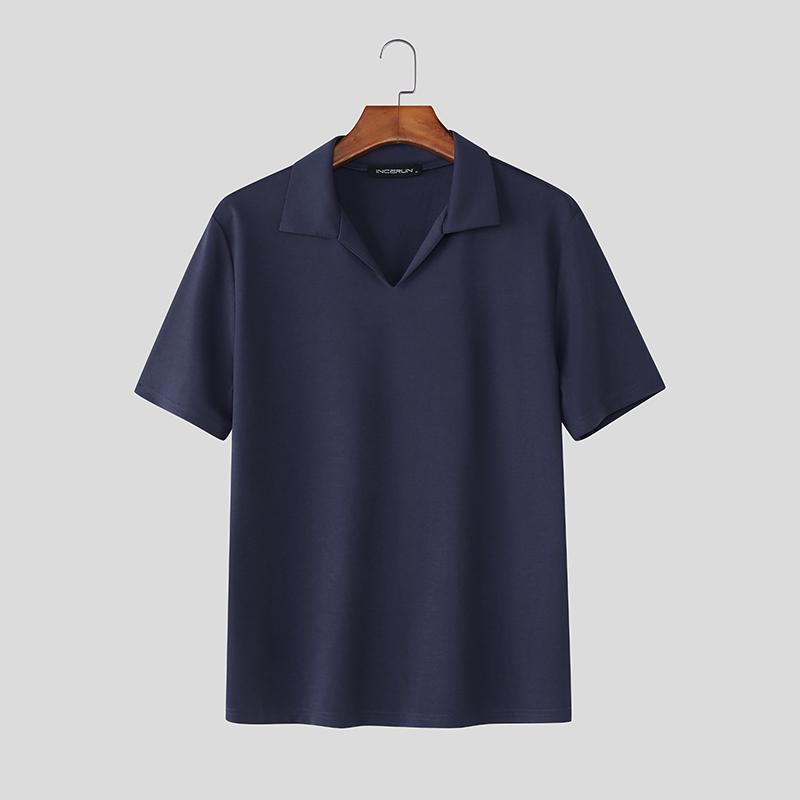 INCERUN Men Lapel Neck Short Sleeve Solid Color Casual Fitted T-shirts Tops
