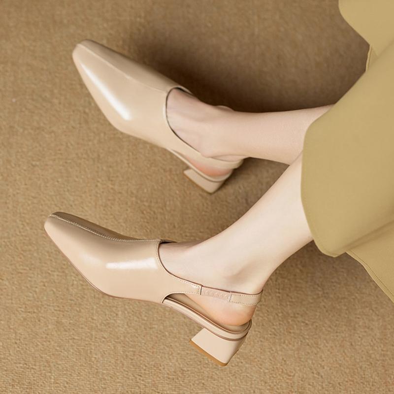 Fashion NEW Spring/Summer Women Sandals Split Leather Shoes for Women Square Toe Chunky Heel Shoes Concise Cover Toe Slingback Sandals
