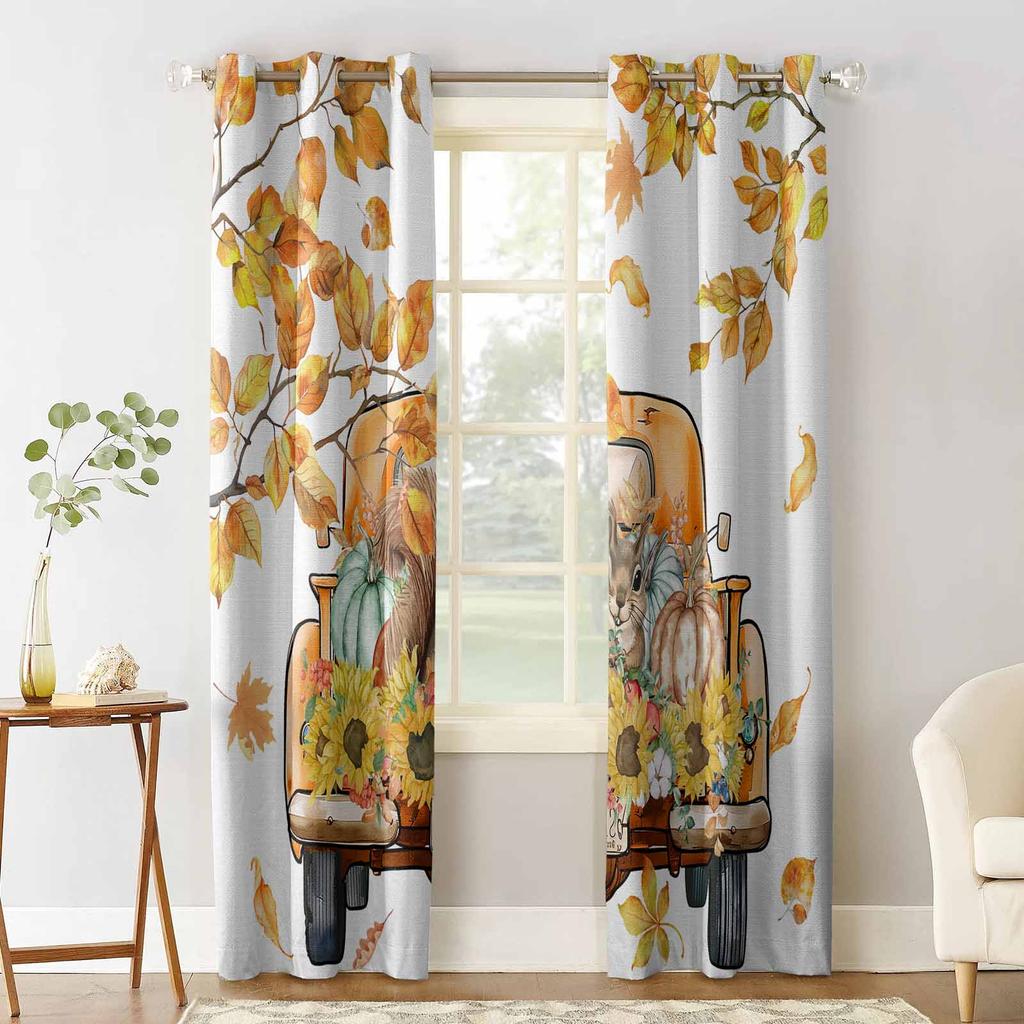Autumn Pumpkin Truck Squirrel Sunflower Leaves Blackout Curtains For Living Room Bedroom Window Treatment Blinds Drapes