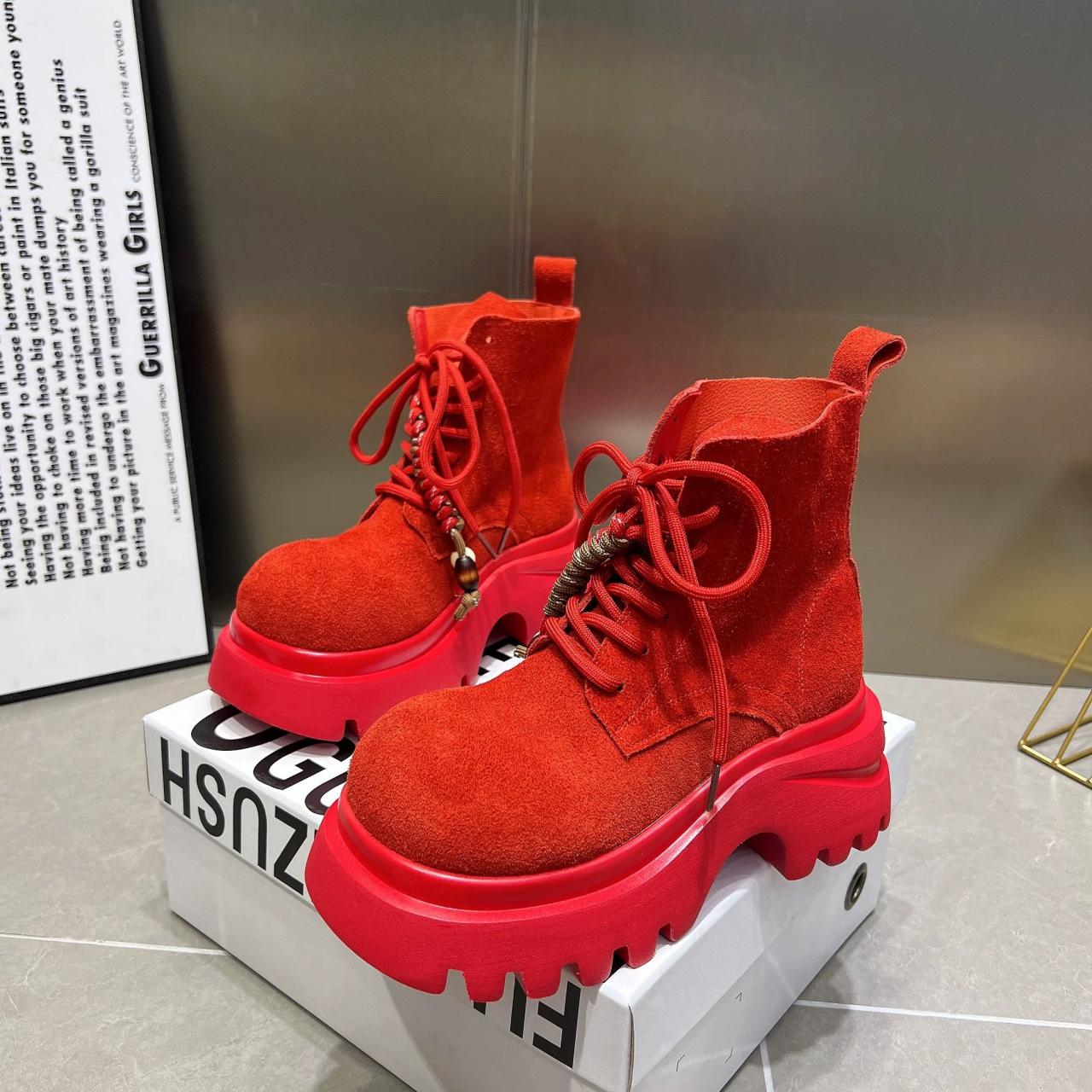 

[Fanfna] Martin boots matte leather lace-up fringed retro big-headed locomotive Spice Girl wind small short boots 40 красный