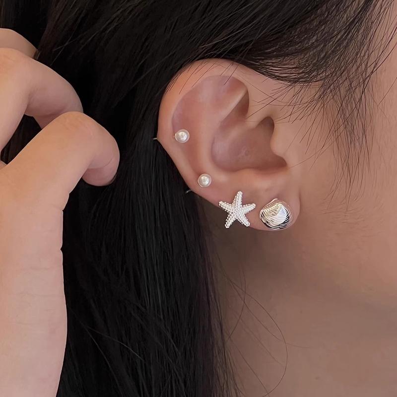 4Pcs Sweet Pearl Starfish Stud Earrings for Women Simple Metal Shell Earrings Set Trend Elegant Exquisite Light Jewelry