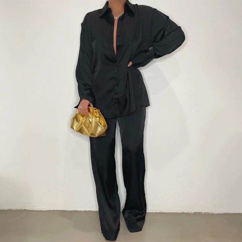

Повседневная свободная атласная блузка, женские комплекты, элегантный комплект из двух предметов с длинным рукавом, женская рубашка, прямые брюки, костюм, женские однотонные топы L чёрный