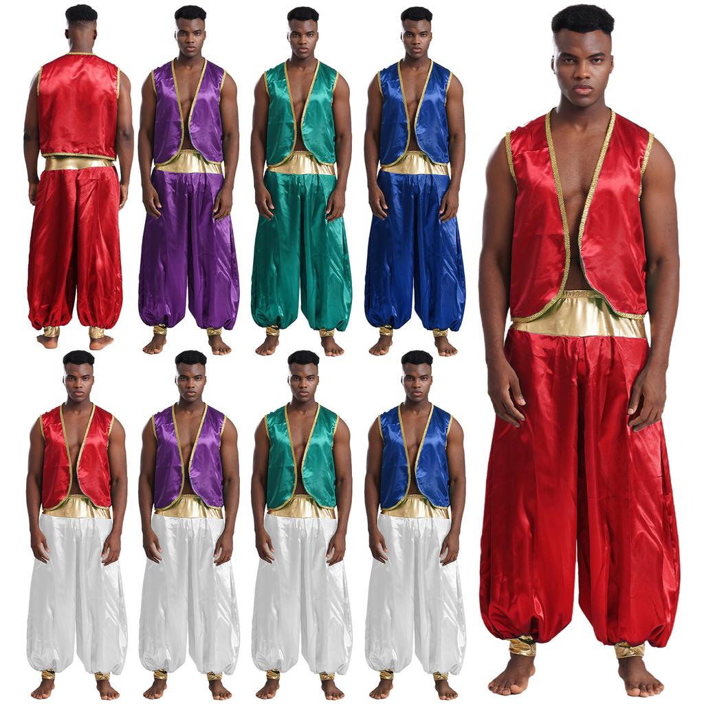 Mens Arabian Prince Costume Shiny Gold Trim Vest and Patchwork Lantern Pants for Cosplay Halloween Theme Party Curved Waistcoat