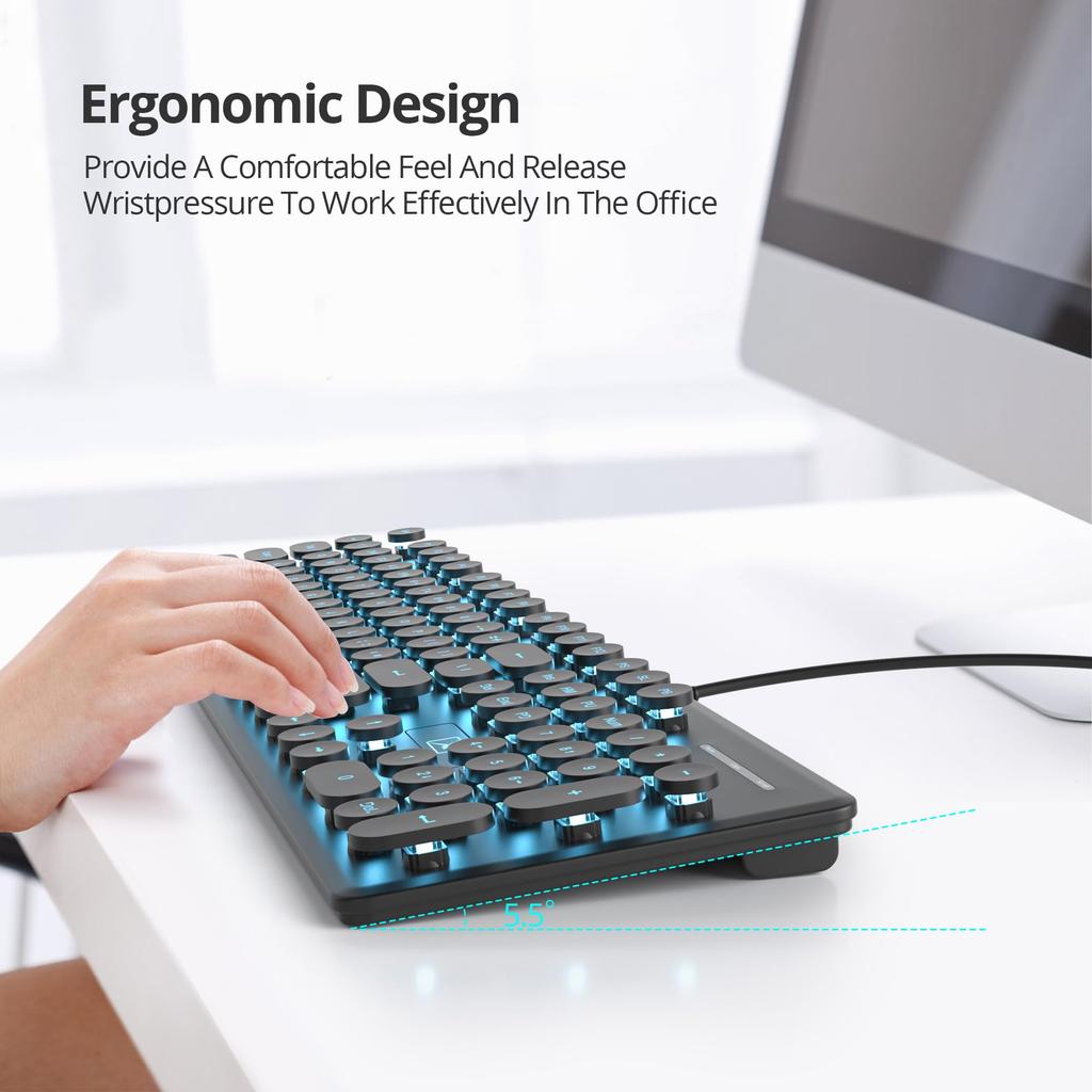 Wired Quiet Membrane Retro Punk Typewriter Green LED USB Gaming Keyboard with ABS Round Keycaps for Keyboard, Full-Size 104-Key Backlit, Ultra-Slim