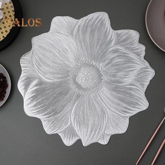 PVC Placemats for Dining Pressed Vinyl Metallic Flower Table Mats 15 Inch Round Tablemats Vinyl Place Mats for Kitchen Table Holiday Wedding