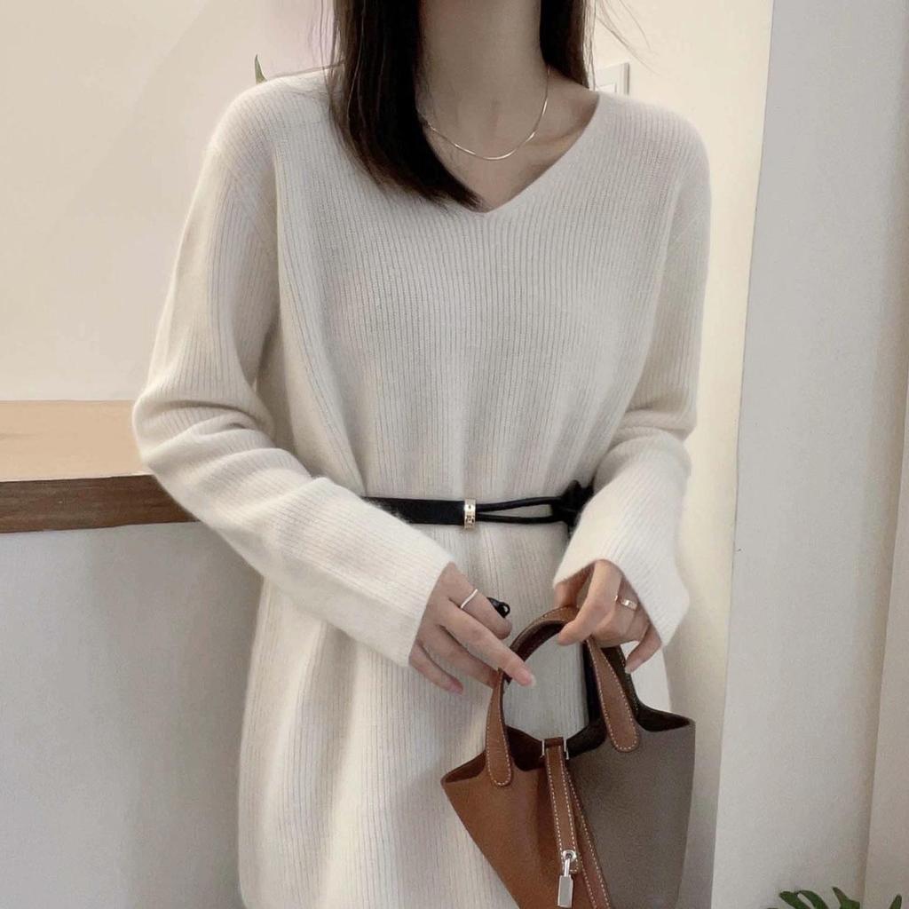 Korean-Style Loose Fit Wool Knit Sweater for Women – Belted, V-Neck, Long Sleeve, Plus Size, Mid-Length.