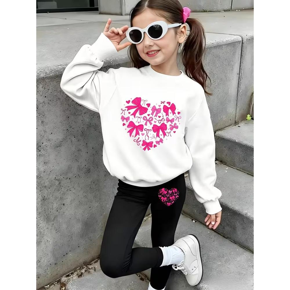 Girls' Heart Print Casual Comfortable Soft Loose Pullover Sweatshirt and Leggings 2-Piece Set, New Autumn/Winter, Playful, Sweet and Cool Style