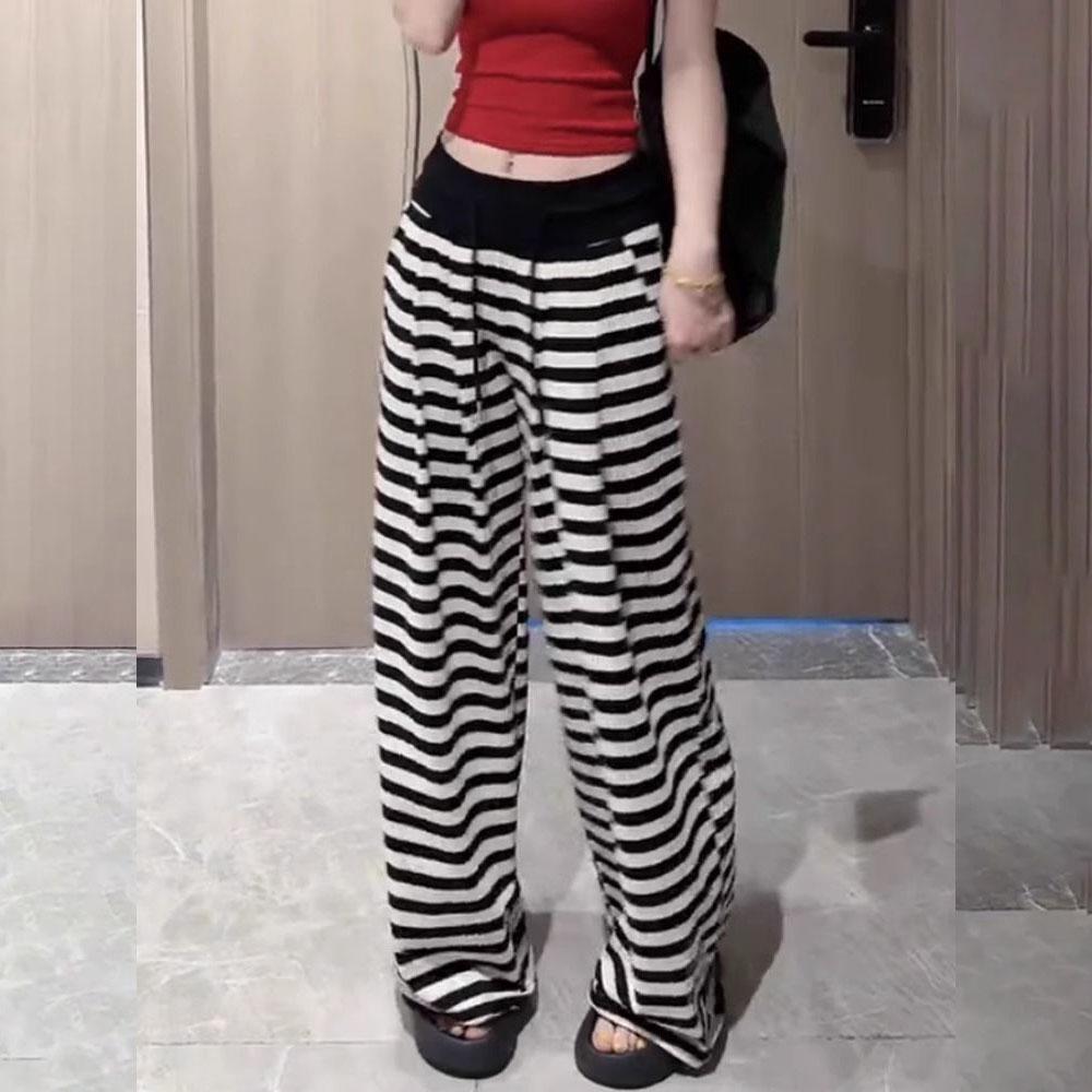 Plus Size Women's Summer Thin Striped Wide-Leg Pants - Design-Forward Slimming Drapey Casual Straight Athletic Trousers