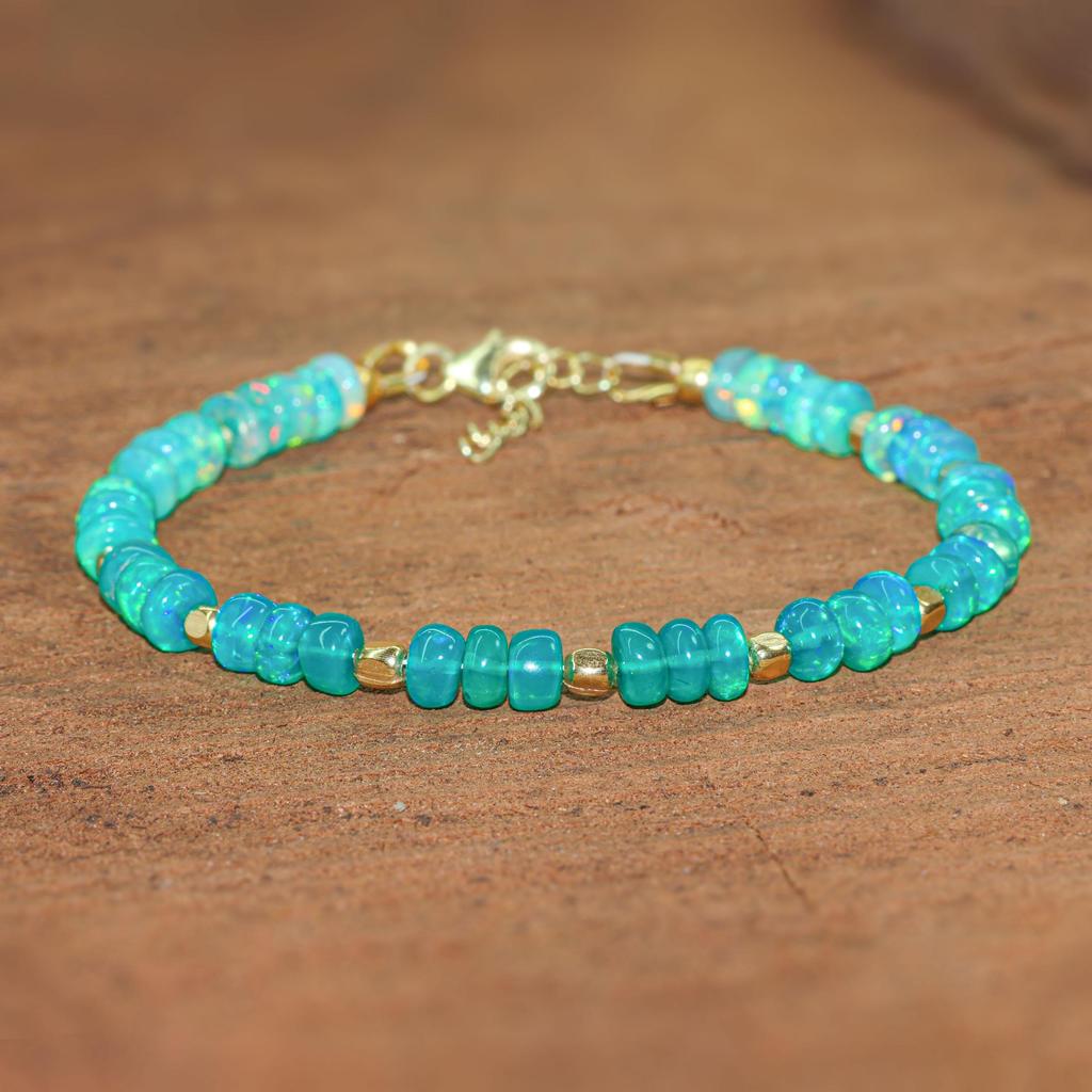 Fire Green Shaded Opal Three Beads Dainty Bracelet, Natural Opal Beaded Bracelet, Opal Birthstone Bracelet, Opal Gold Bracelet, Gift for Mom