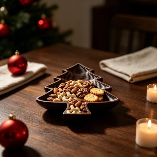 Holiday Food Display Plate Wooden Christmas Tree Serving Tray, Candy Nut Dish, Xmas Tree?Shaped Snack Storage Rustic Home Table Decor Plate,