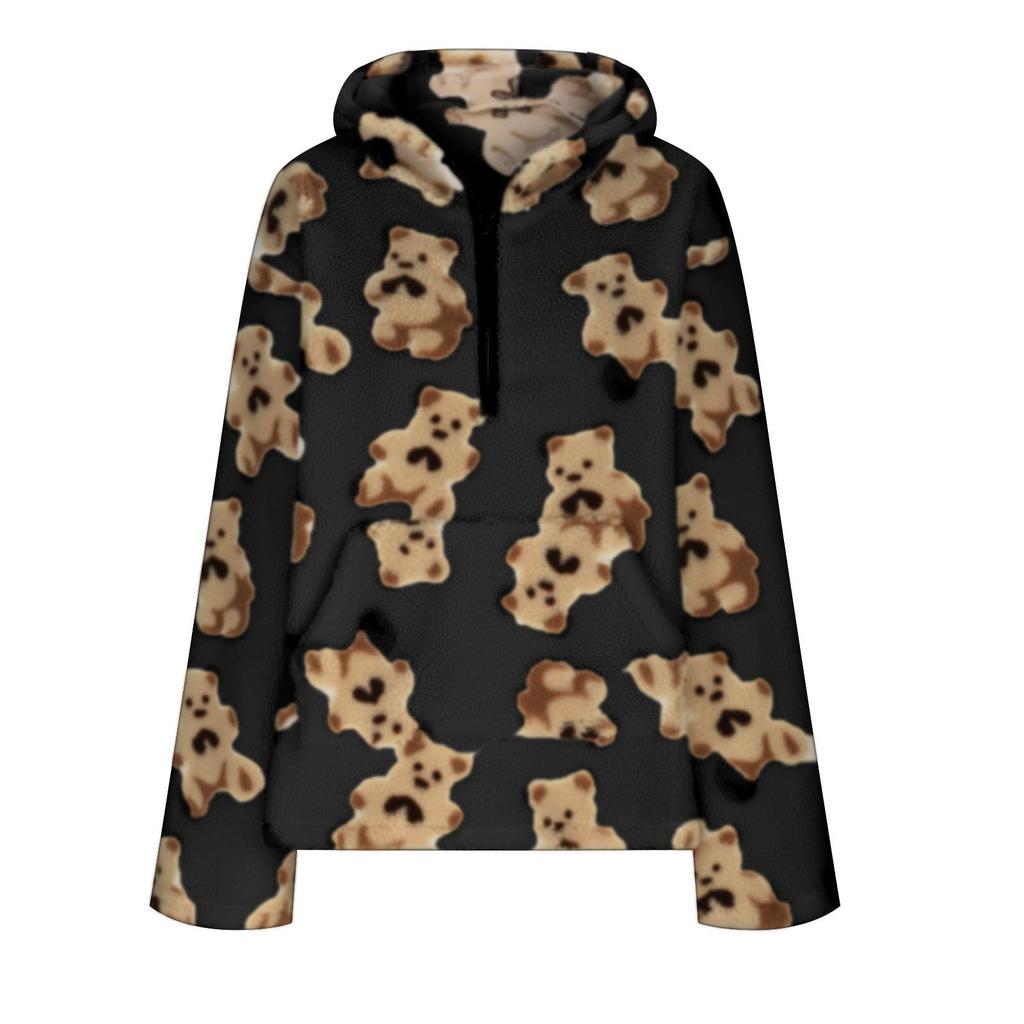Damen Bären Half-Zip Mantel Bedruckter Doppellagiger Fleece Pullover Hoodie Lässig Locker Tasche Langarm Pullover