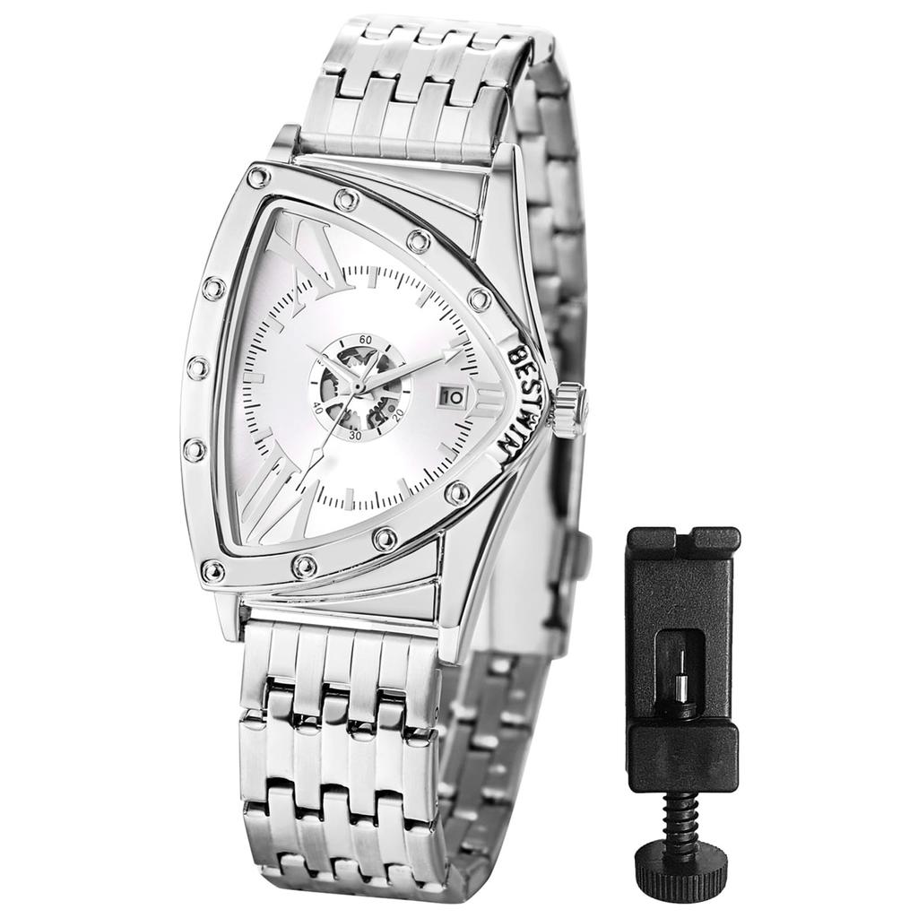 Wasserdichte und regendichte Herrenarmbanduhr mit dreieckigem Zifferblatt, Edelstahl-Strichindizes, verstellbarem silbernem Gehäuse, silbernem Armband, weißem Zifferblatt und