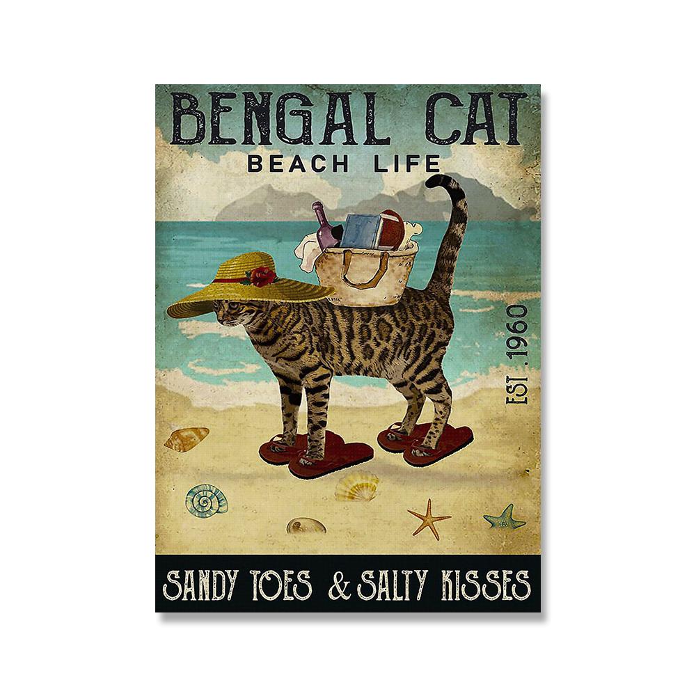 

Пляжная жизнь Черный кот Плакат Британская короткошерстная кошка Персидская кошка Печать Винтаж Смешная ванная комната Холст Картина Любители домашних животных Домашний декор 21x30cm No Framed