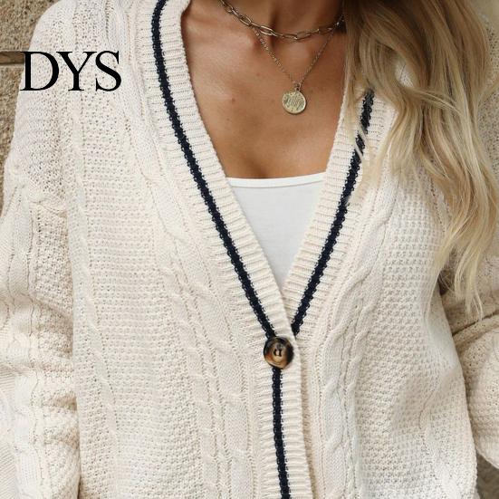 Women Casual Sweater Coat V-neck Long Sleeve Twist Texture Knitting Patchwork Color Single Breasted Loose Fit Elastic Outwear Knitwear