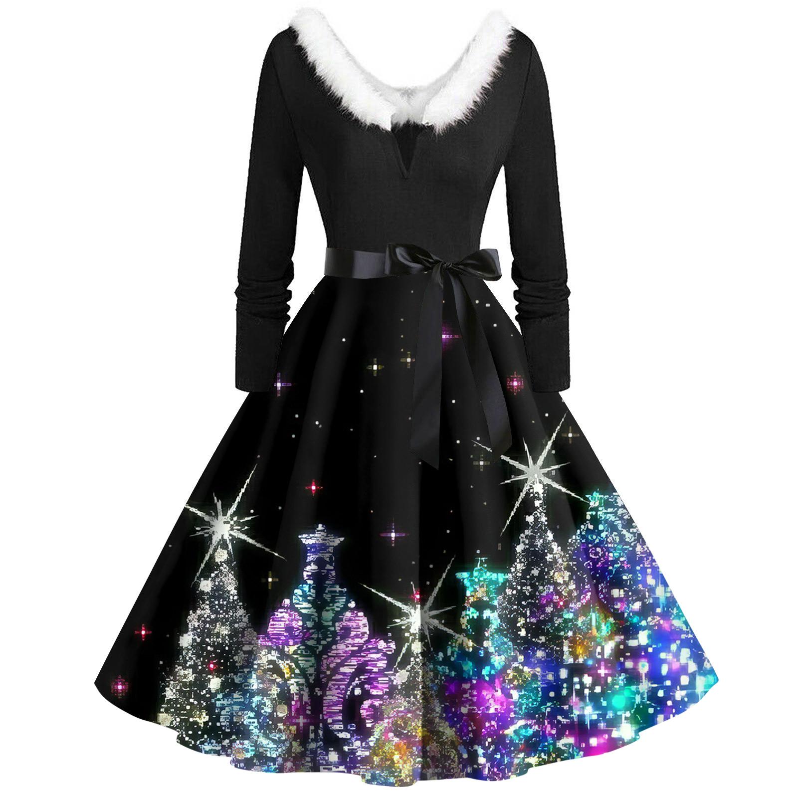 

Рождественский принт расклешенное платье для женщин платье с длинным рукавом полые вечерние повседневные платья XXXXL