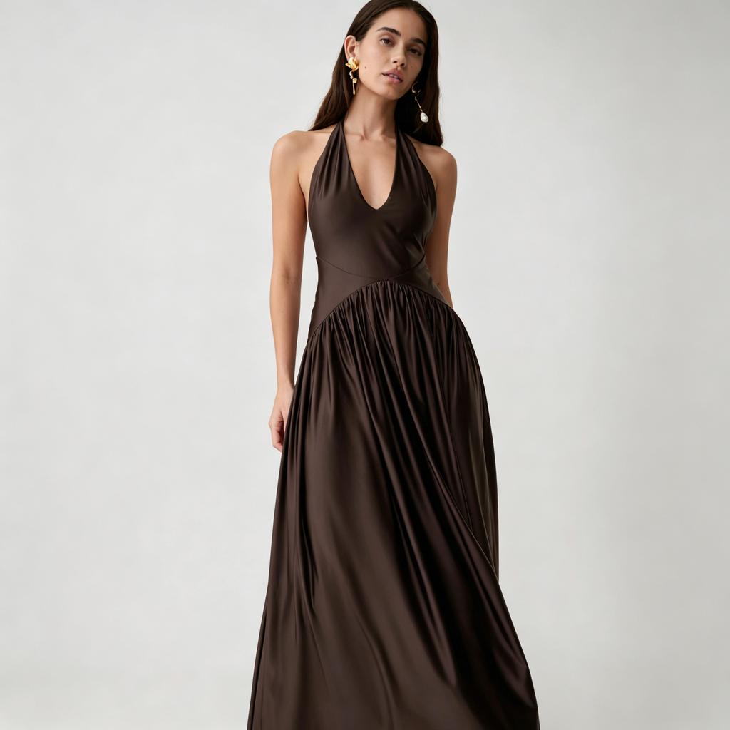 European and American women's clothing new sleeveless sexy neck-hanging long dress pleated waist backless suspender dress women's wholesale