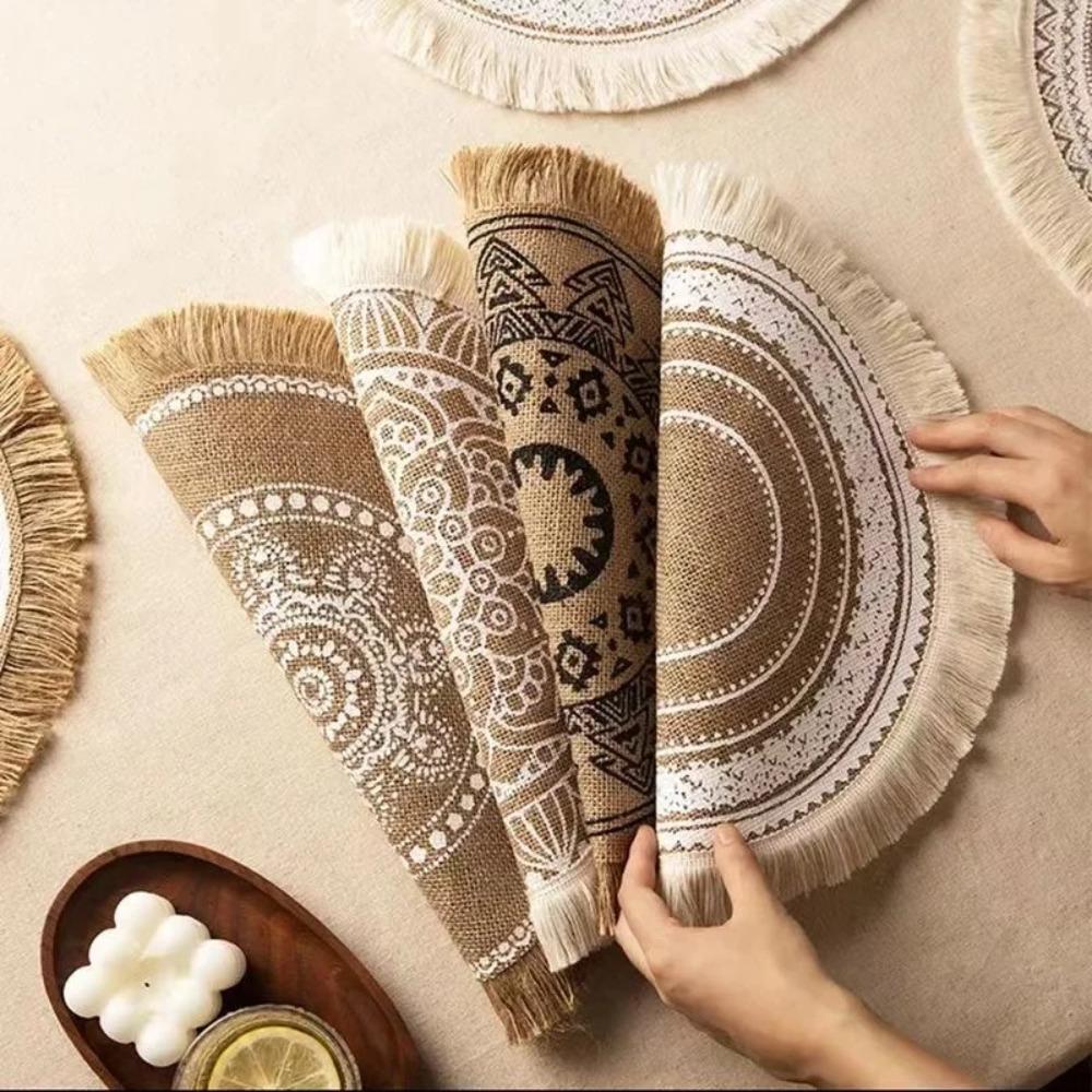 Heat Resistant Braided Place Mats Non-Slip Cup Coaster Mat Vintage Round Placemat  Dining Table