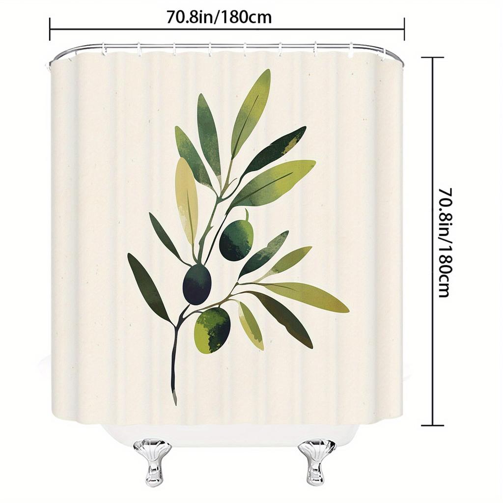 Olive Branch Shower Curtain - 70.8x70.8 Inches, Polyester, Machine Washable, Botanical Theme, Elegant Minimalist Design