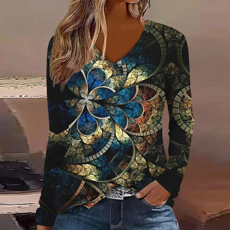 Plus Size European and American Fashion 2025 Women's Elegant V-neck Long Sleeve T-shirt