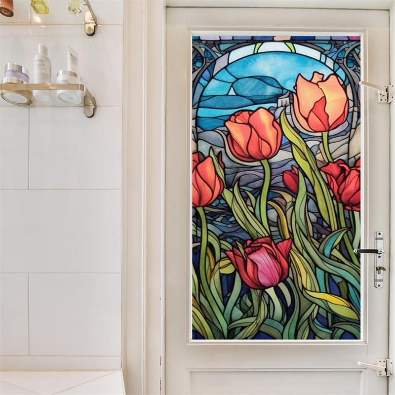 Gebeizte bunte tropische Pflanzenblumen, Ozean-Sonnenaufgang, Fensterglas, statische Aufkleber, entfernbare dekorative PVC-Folie für das Home Office