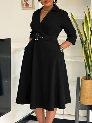 Large Size Women's Autumn New Lapel Fashion Temperament Solid Color Swing Skirt Dress