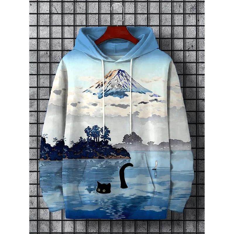 Japanische Harajuku Bedruckte Hoodies für Herren Berg Katze Tentakel Grafik Sweatshirts Lässig Lockeres Sweatshirt Lange Ärmel Pullove
